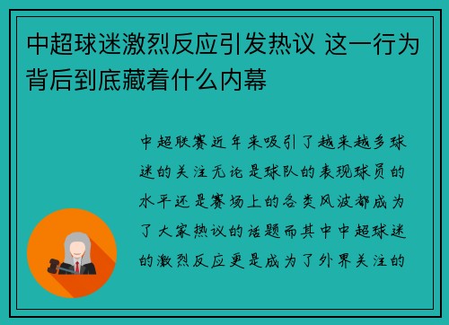 中超球迷激烈反应引发热议 这一行为背后到底藏着什么内幕